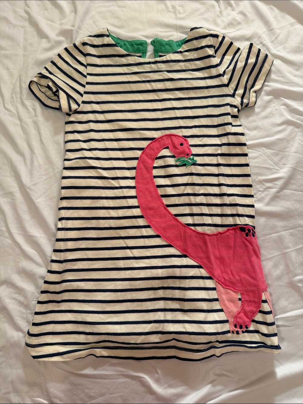 Mini Boden Navy & White Striped Tee with Pink Dinosaur Applique